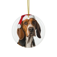 DistinctInk Hanging Ceramic Christmas Tree Ornament with Gold String - Great Gift/Present - 2 3/4 inch Diameter - American English Coonhound Design