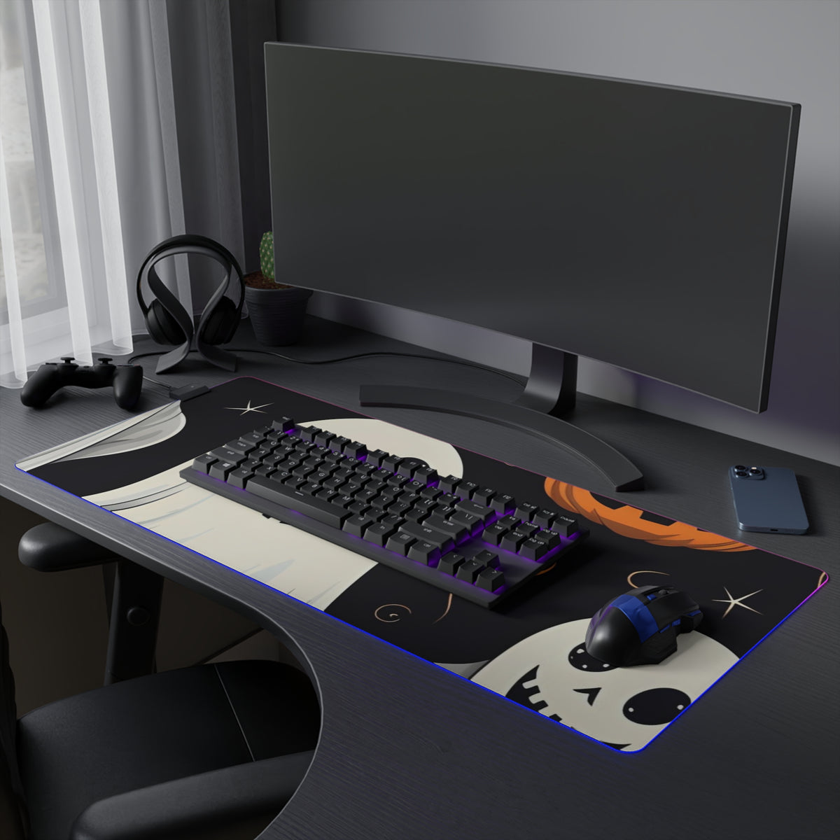 LED Gaming Mouse Pad with Spooky Skeleton Pumpkin Patch Design for Halloween, view 27