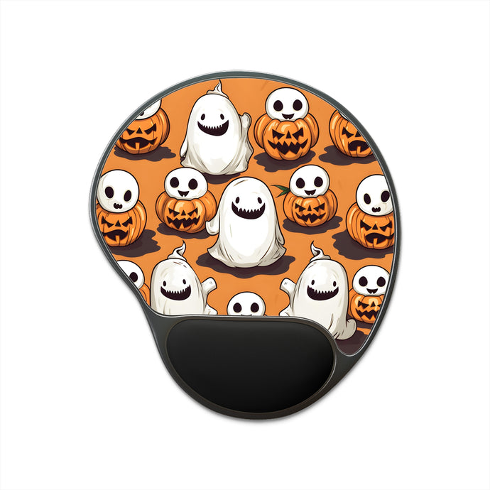 DistinctInk Mouse Pad with Wrist Rest  with Skeletal Ghost in a Pumpkin Design for Halloween