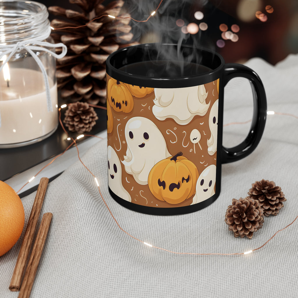 Black Coffee Mug - Ghastly Skeleton Pumpkin Cartoon for Halloween, view 4