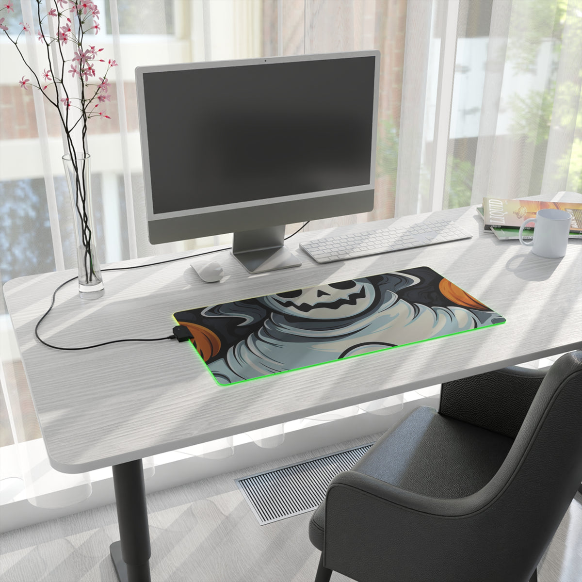 LED Gaming Mouse Pad with Spooky Skeletal Pumpkin Patch Design for Halloween, view 10