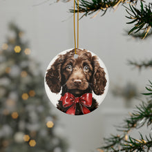 DistinctInk Hanging Ceramic Christmas Tree Ornament with Gold String - Great Gift/Present - 2 3/4 inch Diameter - American Water Spaniel Puppy Drawing Design