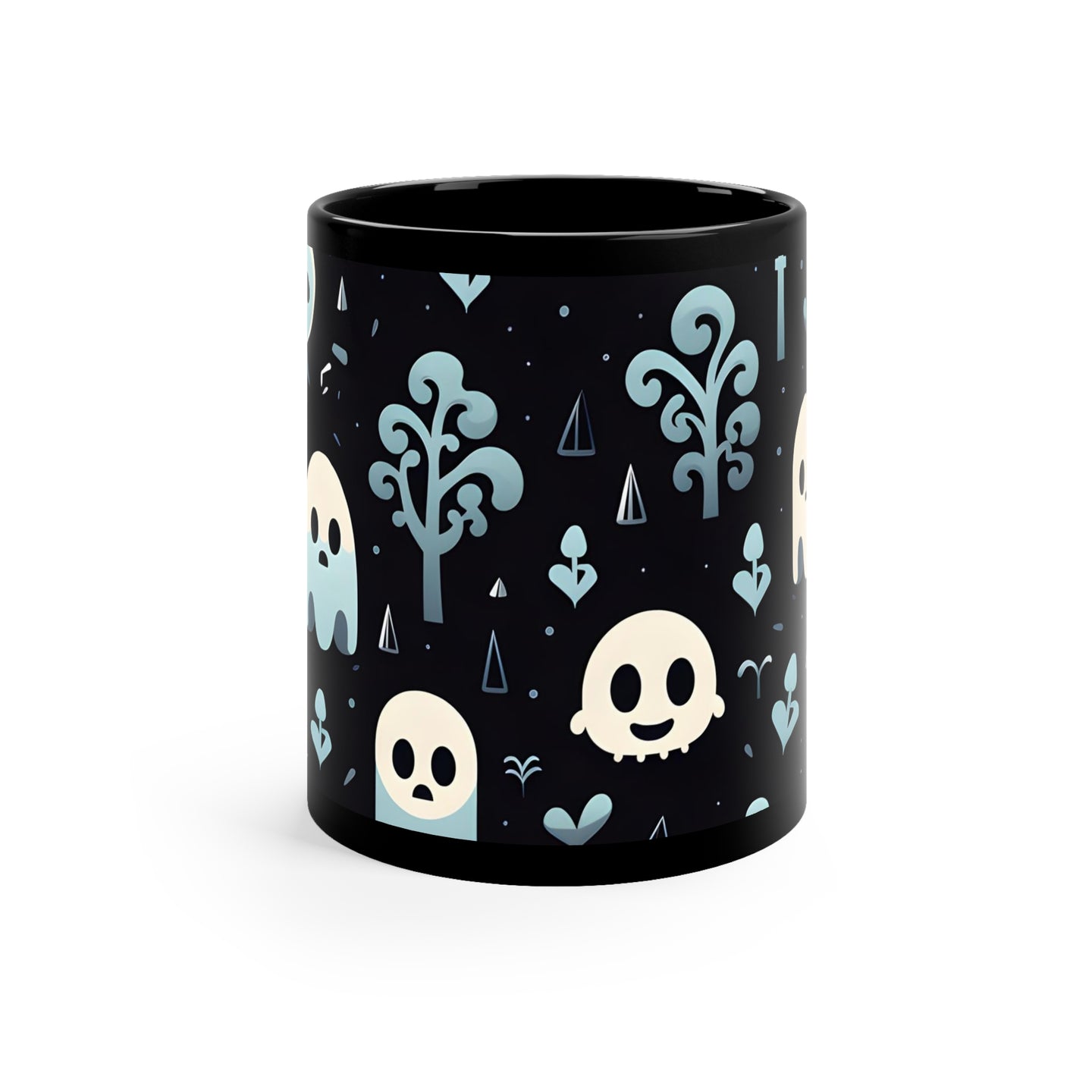 DistinctInk Black Coffee Mug - Ghastly Skeletal Shadows for Halloween