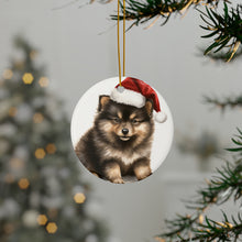DistinctInk Hanging Ceramic Christmas Tree Ornament with Gold String - Great Gift/Present - 2 3/4 inch Diameter - Finnish Lapphund Puppy Drawing Design