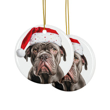 DistinctInk Hanging Ceramic Christmas Tree Ornament with Gold String - Great Gift/Present - 2 3/4 inch Diameter - Neapolitan Mastiff Design