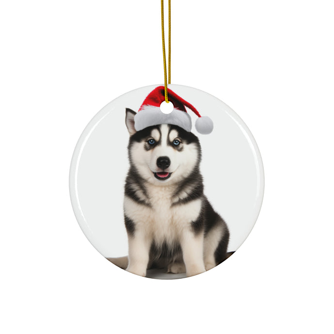DistinctInk Hanging Ceramic Christmas Tree Ornament with Gold String - Great Gift/Present - 2 3/4 inch Diameter - Siberian Huskie Design