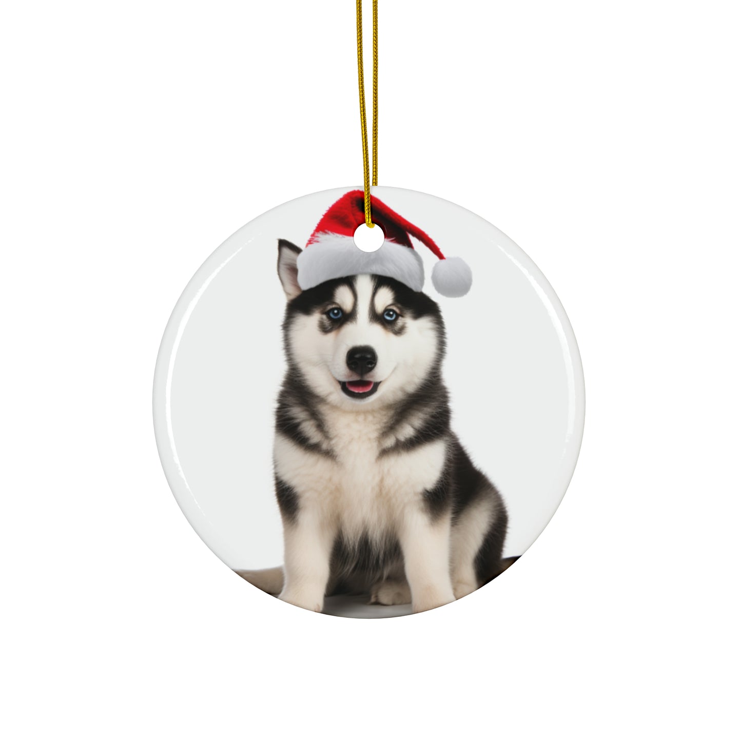 DistinctInk Hanging Ceramic Christmas Tree Ornament with Gold String - Great Gift/Present - 2 3/4 inch Diameter - Siberian Huskie Design