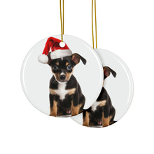 DistinctInk Hanging Ceramic Christmas Tree Ornament with Gold String - Great Gift/Present - 2 3/4 inch Diameter - Rat Terrier Puppy Design