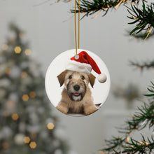 DistinctInk Hanging Ceramic Christmas Tree Ornament with Gold String - Great Gift/Present - 2 3/4 inch Diameter - Soft Coated Wheaten Terrier Puppy Design