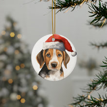DistinctInk Hanging Ceramic Christmas Tree Ornament with Gold String - Great Gift/Present - 2 3/4 inch Diameter - American Foxhound Puppy Drawing Design
