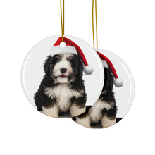 DistinctInk Hanging Ceramic Christmas Tree Ornament with Gold String - Great Gift/Present - 2 3/4 inch Diameter - Polish Lowland Sheepdog Puppy Design