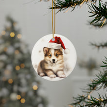 DistinctInk Hanging Ceramic Christmas Tree Ornament with Gold String - Great Gift/Present - 2 3/4 inch Diameter - Icelandic Sheepdog Puppy Drawing Design