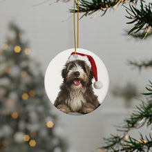 DistinctInk Hanging Ceramic Christmas Tree Ornament with Gold String - Great Gift/Present - 2 3/4 inch Diameter - Bergamasco Sheepdog Puppy Design