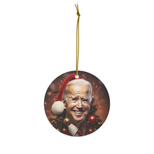 DistinctInk Hanging Ceramic Christmas Tree Ornament Charm with Gold String - Great Gift/Present - 2 3/4 inch Diameter - Biden's Merry Christmas Santa Hat