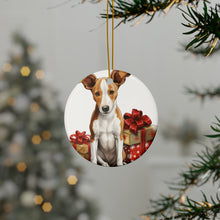 DistinctInk Hanging Ceramic Christmas Tree Ornament with Gold String - Great Gift/Present - 2 3/4 inch Diameter - Ibizan Hound Puppy Drawing Design