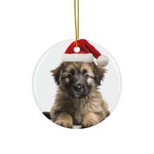 DistinctInk Hanging Ceramic Christmas Tree Ornament with Gold String - Great Gift/Present - 2 3/4 inch Diameter - Pyrenean Shepherd Puppy Design