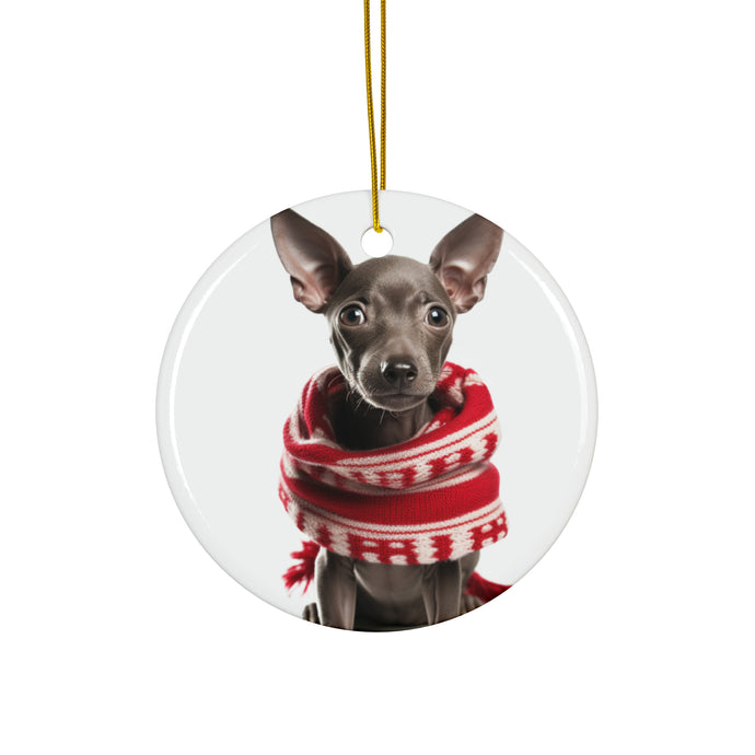 DistinctInk Hanging Ceramic Christmas Tree Ornament with Gold String - Great Gift/Present - 2 3/4 inch Diameter - Xoloitzcuintli Puppy Design