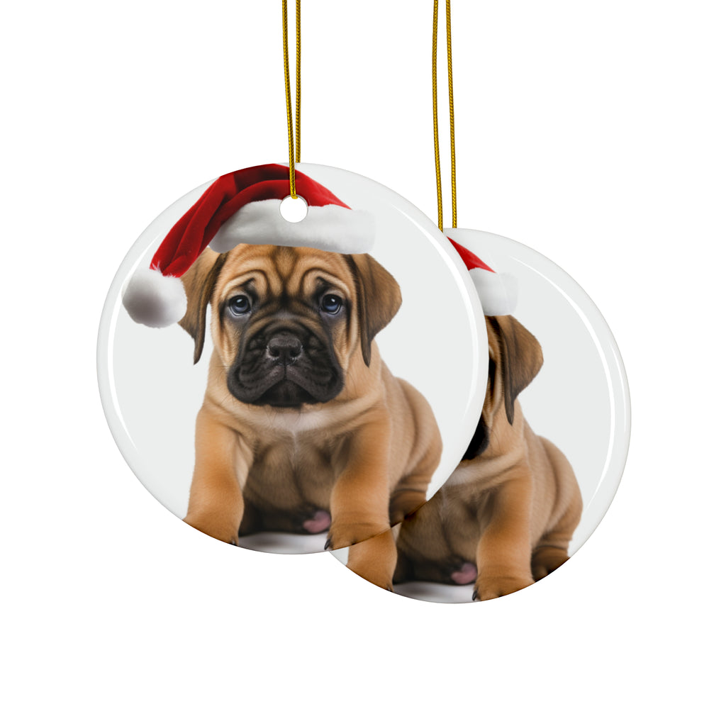 Hanging Ceramic Christmas Tree Ornament with Gold String - Bullmastiff Puppy Design, view 2