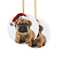DistinctInk Hanging Ceramic Christmas Tree Ornament with Gold String - Great Gift/Present - 2 3/4 inch Diameter - Bullmastiff Puppy Design