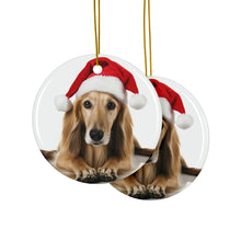 DistinctInk Hanging Ceramic Christmas Tree Ornament with Gold String - Great Gift/Present - 2 3/4 inch Diameter - Saluki Puppy Design