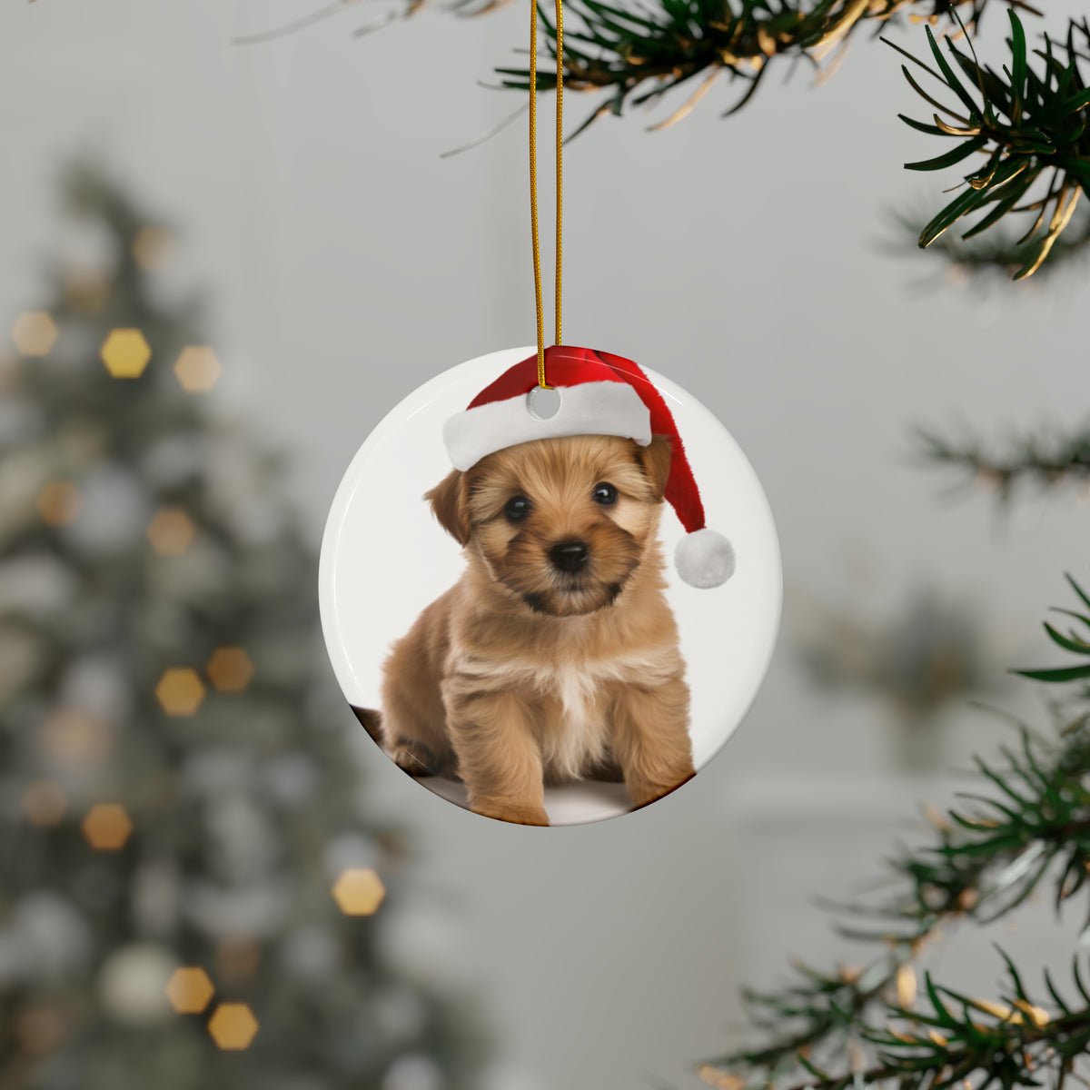 Hanging Ceramic Christmas Tree Ornament with Gold String - Norfolk Terrier Puppy Design, view 3