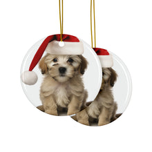 DistinctInk Hanging Ceramic Christmas Tree Ornament with Gold String - Great Gift/Present - 2 3/4 inch Diameter - Dandie Dinmont Terrier Puppy Design