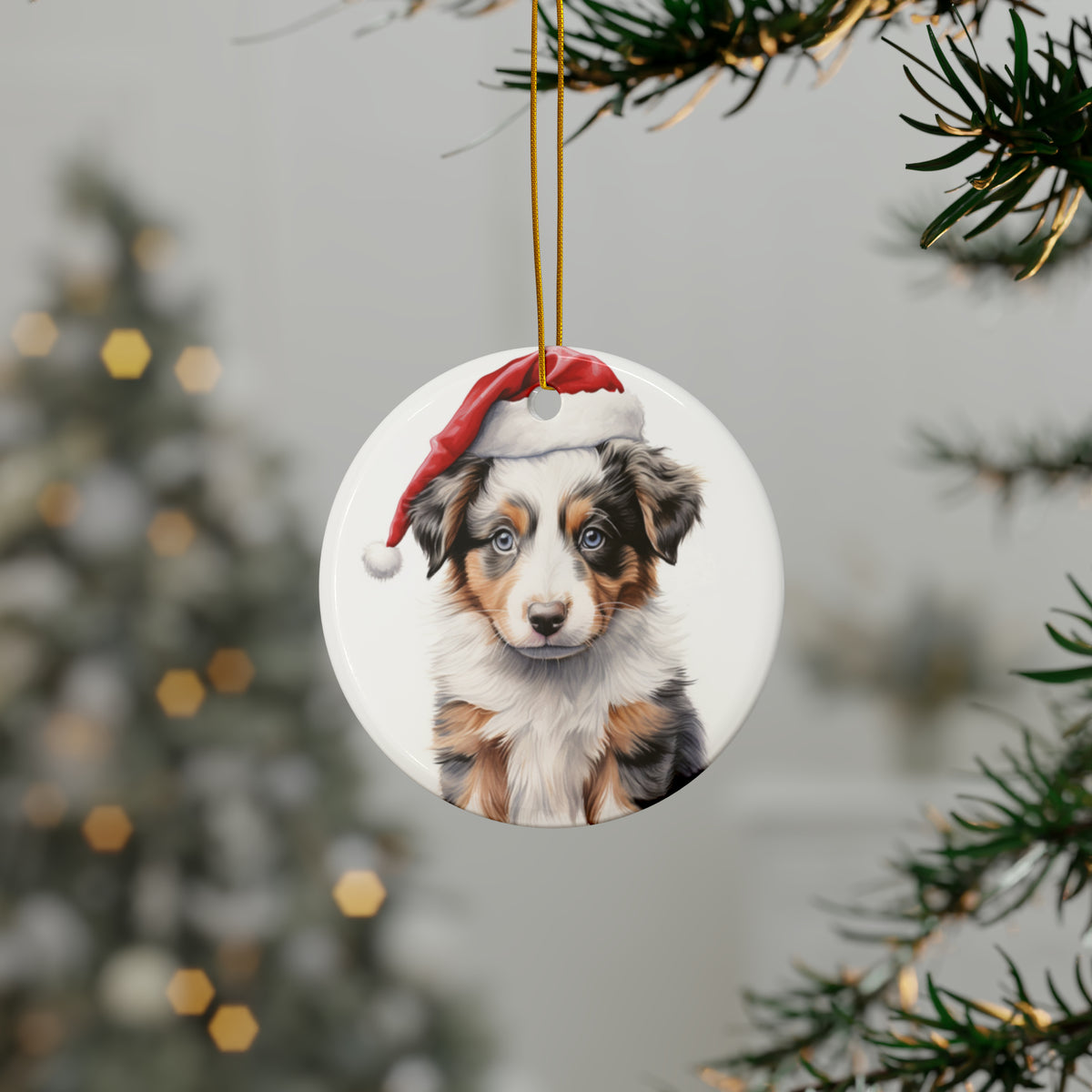 Hanging Ceramic Christmas Tree Ornament with Gold String - Australian Shepherd Puppy Drawing Design, view 3