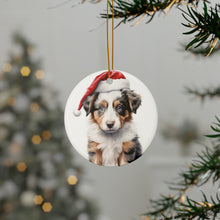 DistinctInk Hanging Ceramic Christmas Tree Ornament with Gold String - Great Gift/Present - 2 3/4 inch Diameter - Australian Shepherd Puppy Drawing Design