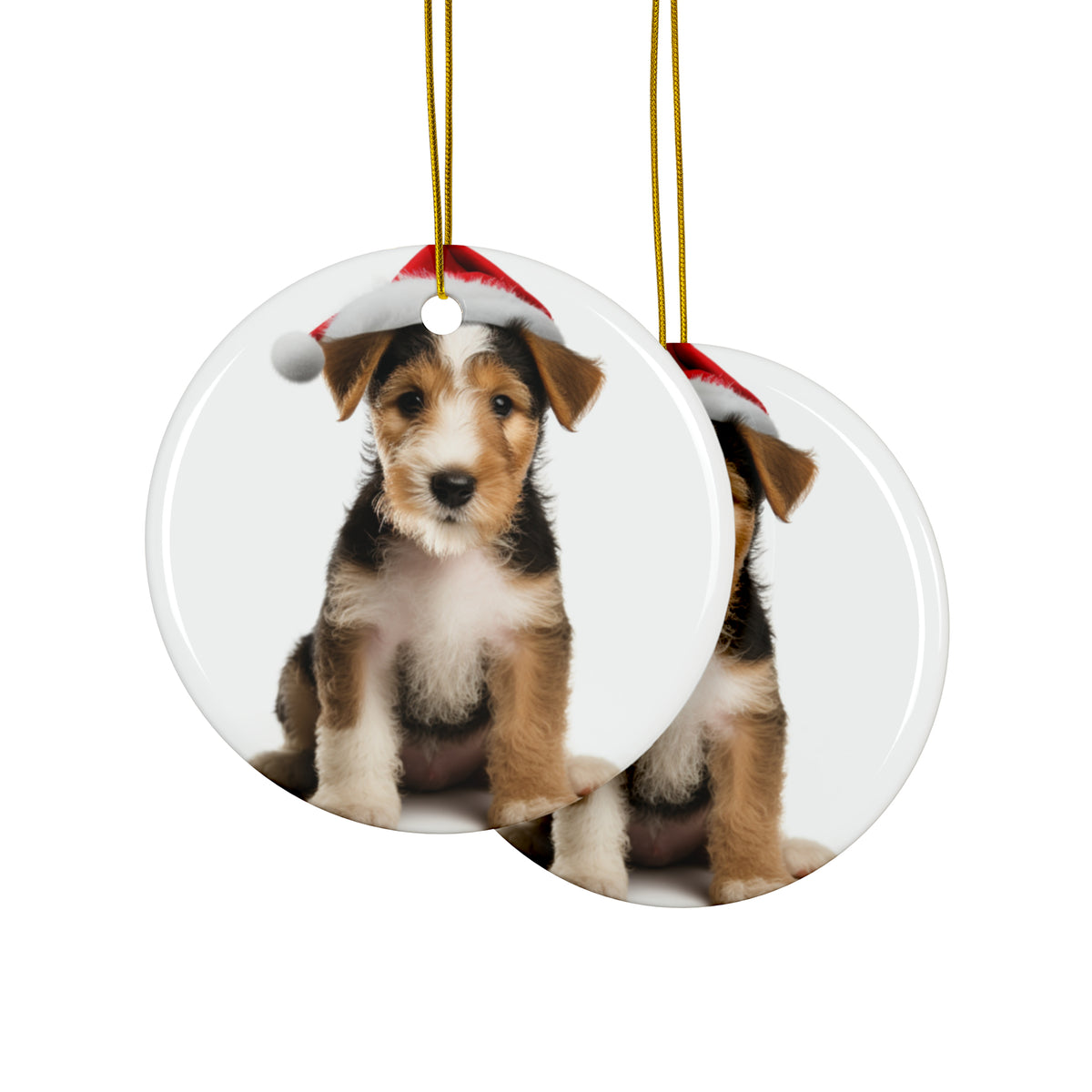 Hanging Ceramic Christmas Tree Ornament with Gold String - Wire Fox Terrier Puppy Design, view 2