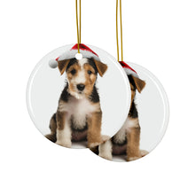 DistinctInk Hanging Ceramic Christmas Tree Ornament with Gold String - Great Gift/Present - 2 3/4 inch Diameter - Wire Fox Terrier Puppy Design