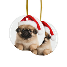DistinctInk Hanging Ceramic Christmas Tree Ornament with Gold String - Great Gift/Present - 2 3/4 inch Diameter - Pekingese Puppy Design