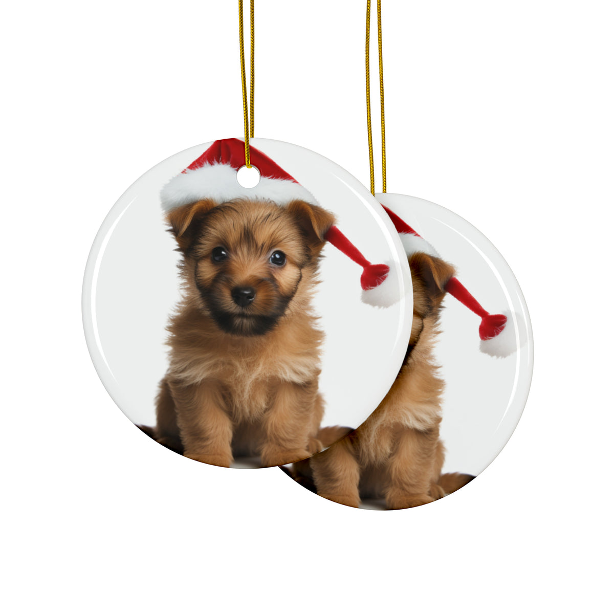 Hanging Ceramic Christmas Tree Ornament with Gold String - Australian Terrier Puppy Design, view 2