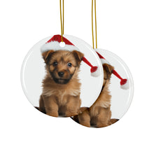 DistinctInk Hanging Ceramic Christmas Tree Ornament with Gold String - Great Gift/Present - 2 3/4 inch Diameter - Australian Terrier Puppy Design