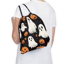 DistinctInk Drawstring Bag / Backpack with Ghost Skeleton Pumpkin Cartoon Design for Halloween