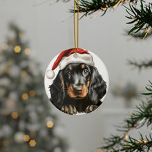 DistinctInk Hanging Ceramic Christmas Tree Ornament with Gold String - Great Gift/Present - 2 3/4 inch Diameter - Gordon Setter Puppy Drawing Design