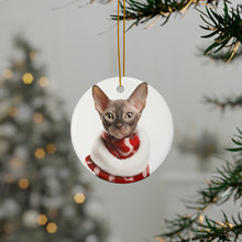 DistinctInk Hanging Ceramic Christmas Tree Ornament with Gold String - Great Gift/Present - 2 3/4 inch Diameter - Oriental Cat Design