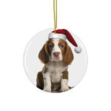 DistinctInk Hanging Ceramic Christmas Tree Ornament with Gold String - Great Gift/Present - 2 3/4 inch Diameter - Welsh Springer Spaniel Puppy Design