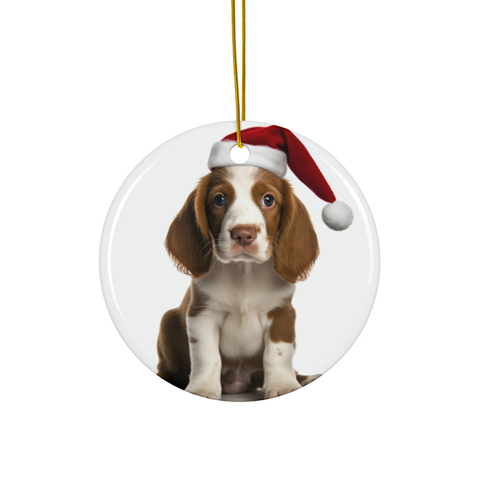 DistinctInk Hanging Ceramic Christmas Tree Ornament with Gold String - Great Gift/Present - 2 3/4 inch Diameter - Welsh Springer Spaniel Puppy Design