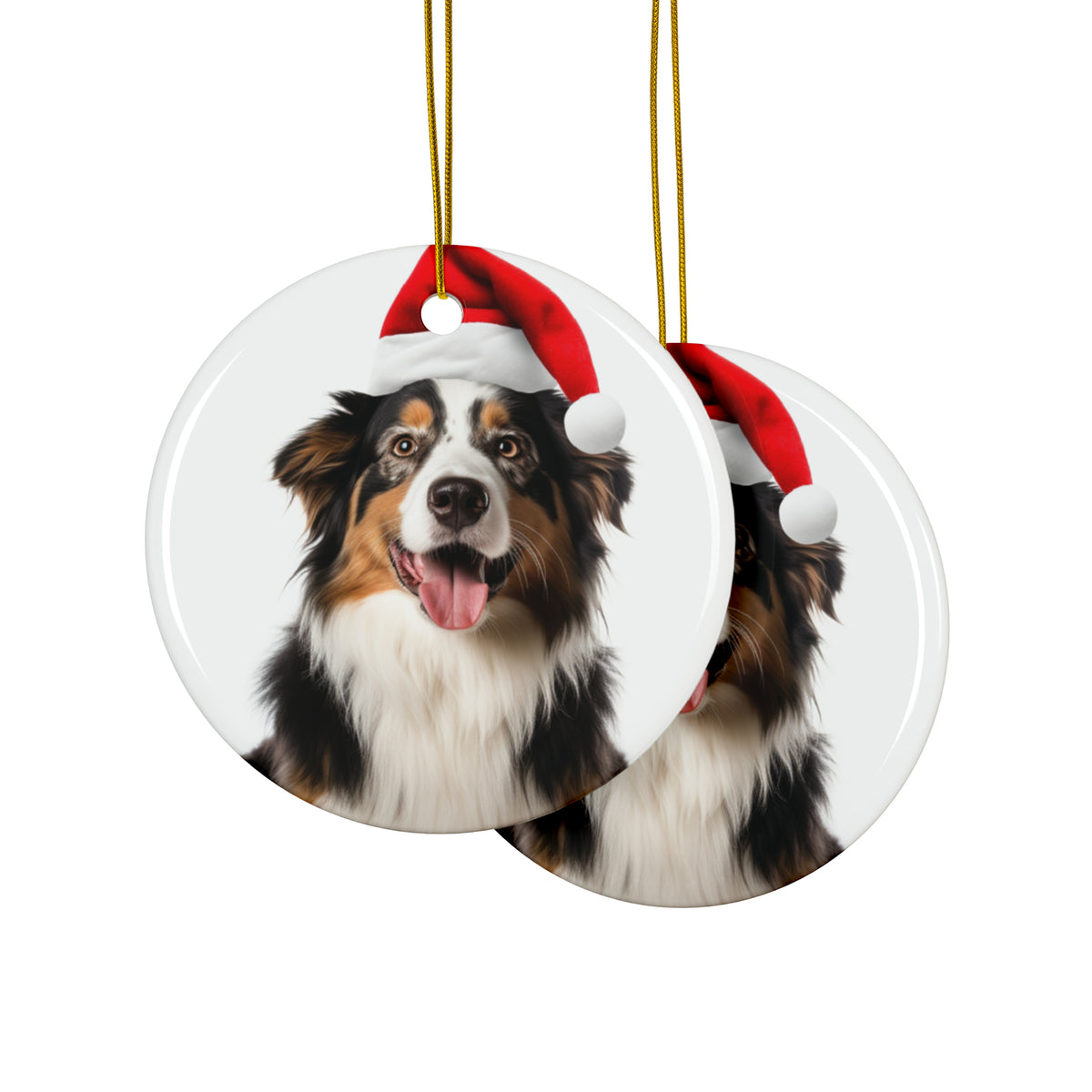 Hanging Ceramic Christmas Tree Ornament with Gold String - Australian Shepherd Design, view 2