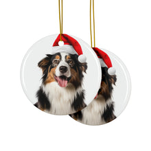 DistinctInk Hanging Ceramic Christmas Tree Ornament with Gold String - Great Gift/Present - 2 3/4 inch Diameter - Australian Shepherd Design