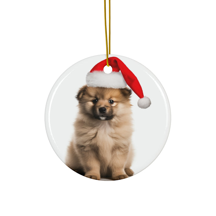 DistinctInk Hanging Ceramic Christmas Tree Ornament with Gold String - Great Gift/Present - 2 3/4 inch Diameter - Keeshonden Puppy Design