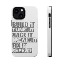 DistinctInk ToughCase for Apple iPhone, Compatible with MagSafe Charging - Build It Tune Race Break Fix Repeat