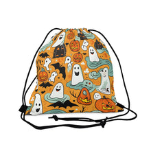 DistinctInk Drawstring Bag Backpack with Flying Pumpkin Bats Design for Halloween