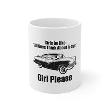 DistinctInk Glossy White Coffee / Tea Mug - All Guys Think About is Sex - Cars!