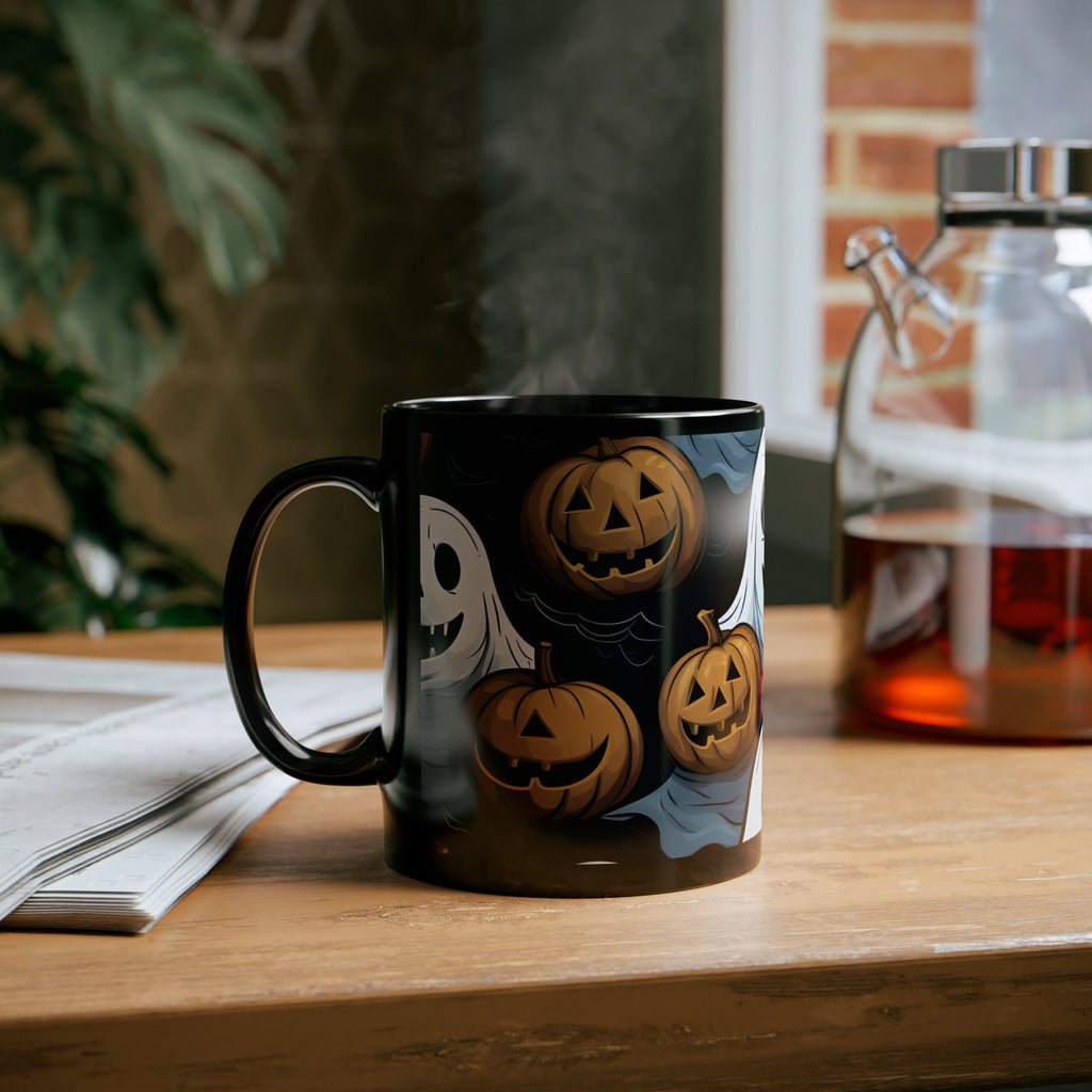 Black Coffee Mug - Ghoulish Ghostbusters and Pumpkins for Halloween, view 6
