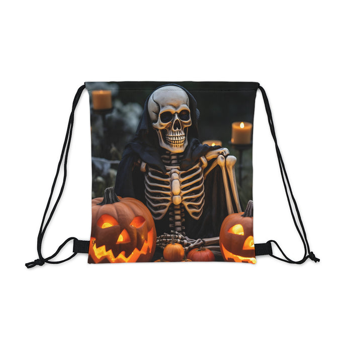 DistinctInk Drawstring Bag / Backpack with Skellington's Spooky Soiree Design for Halloween