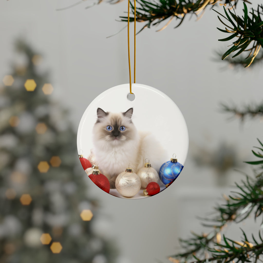 Hanging Ceramic Christmas Tree Ornament with Gold String - Birman Cat Design, view 3