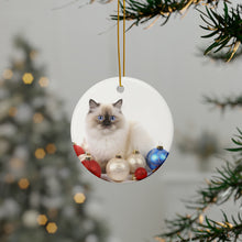 DistinctInk Hanging Ceramic Christmas Tree Ornament with Gold String - Great Gift/Present - 2 3/4 inch Diameter - Birman Cat Design