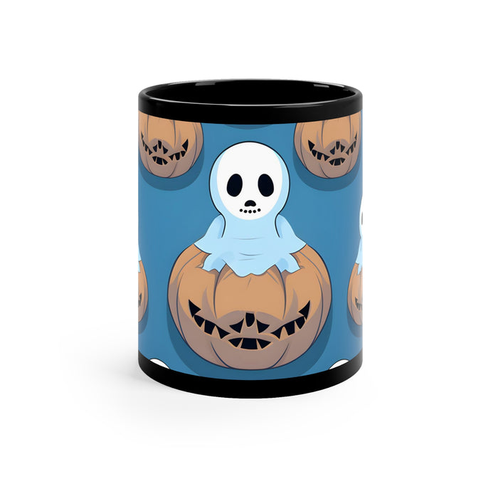 DistinctInk Black Coffee Mug - Ghost Skeleton Pumpkin Pattern for Halloween