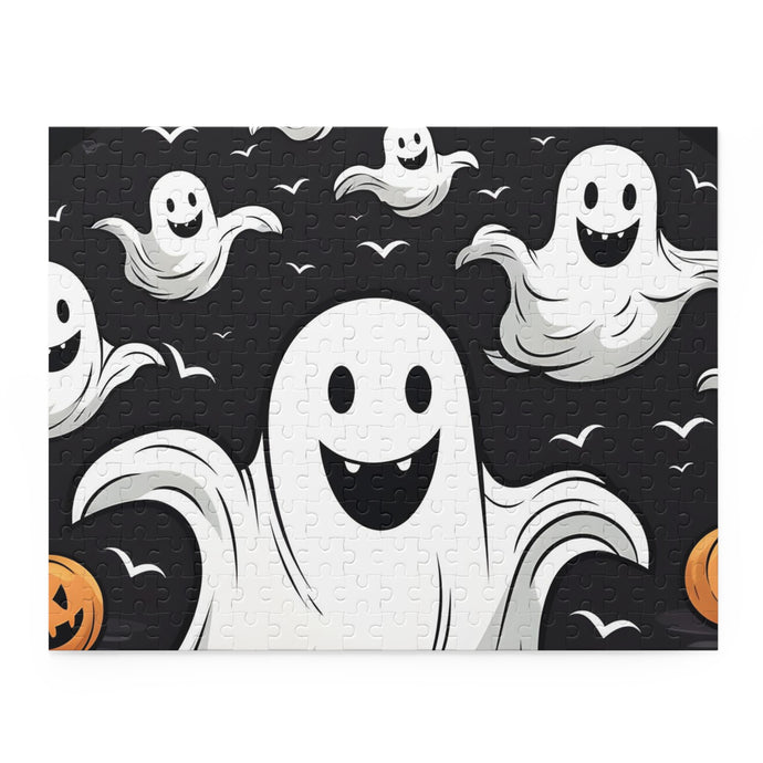 DistinctInk Jigsaw Puzzle with Skeletal Ghostly Pumpkin Patch Design for Halloween